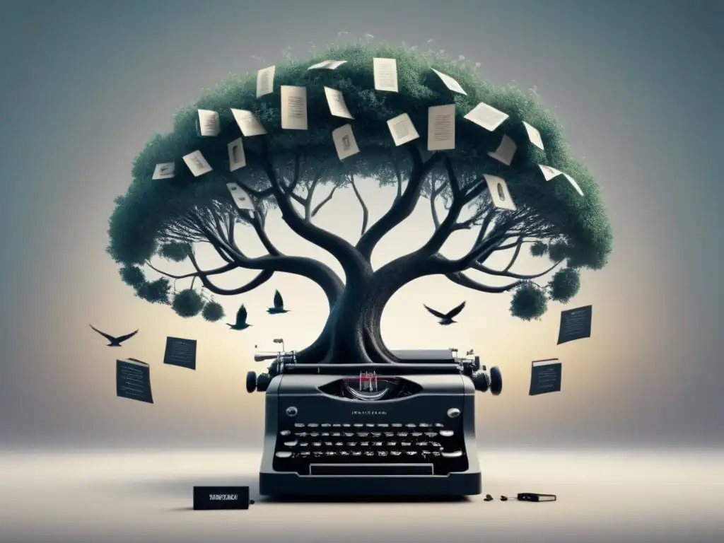 Árbol de lenguajes: ilustración surrealista en blanco y negro Un paisaje surrealista con árbol abstracto en una máquina de escribir gigante