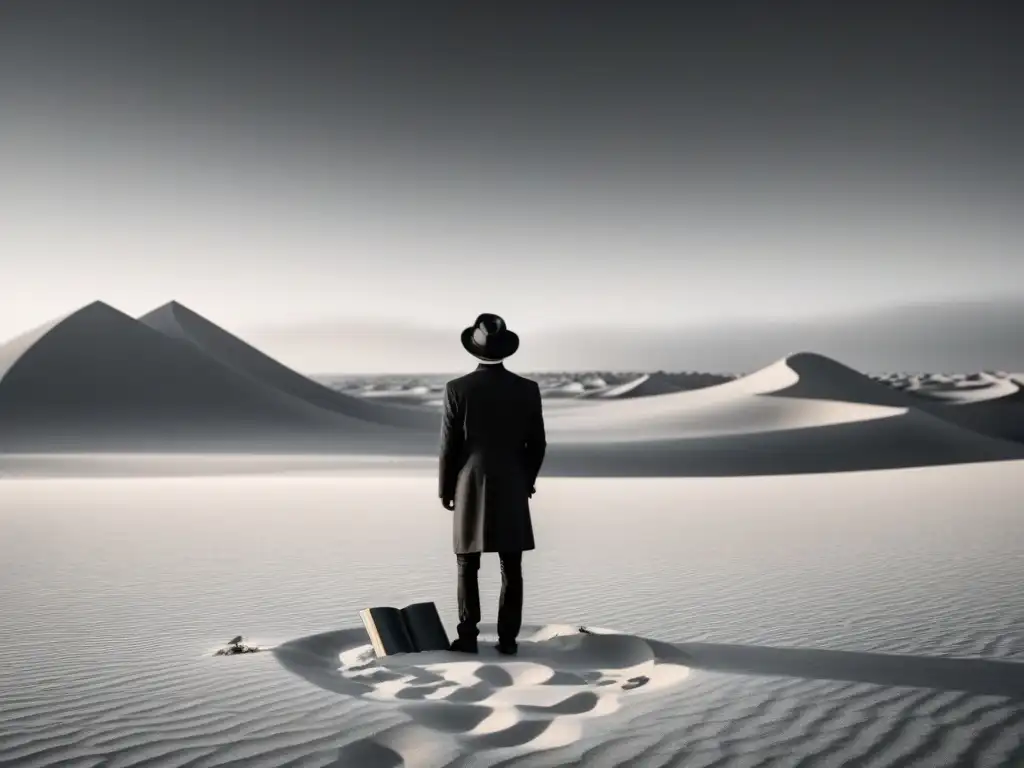 Reloj derretido en paisaje surrealista Un paisaje surrealista en blanco y negro con un reloj derretido sobre un desierto y una figura leyendo un libro flotante