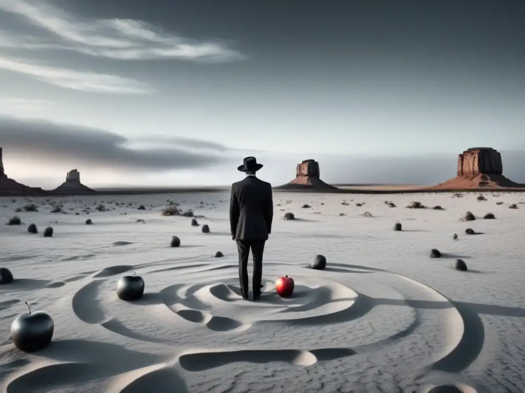 Un paisaje surrealista en blanco y negro con un vasto desierto onírico, relojes derretidos, una figura solitaria y una manzana flotante en el cielo