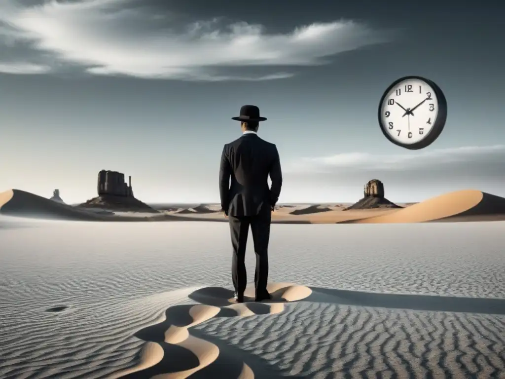 Un paisaje surrealista en blanco y negro con relojes derretidos sobre un desierto, figura solitaria con sombrero de copa