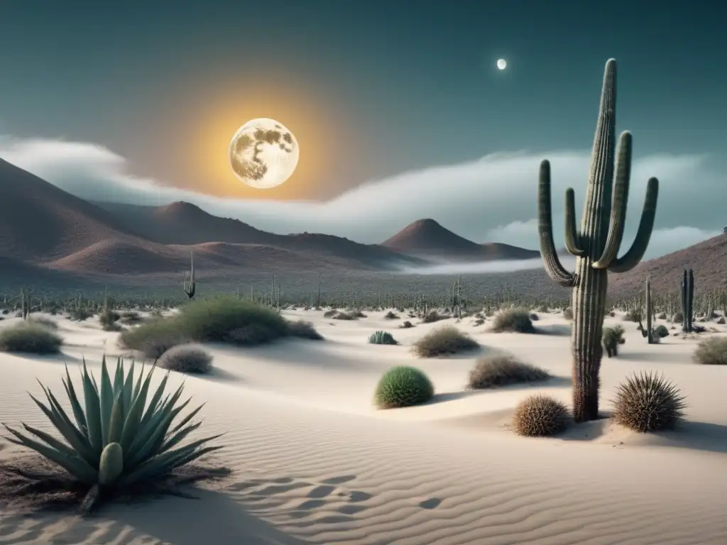 Un paisaje surrealista con cactus distorsionados y luna llena, evocando la decolonialidad en poesía lírica