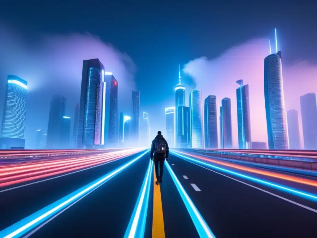 Futurismo nocturno: ciudad digital con luces neón y veloces autopistas Paisaje urbano futurista con luces de neón, rascacielos y autopistas brillantes