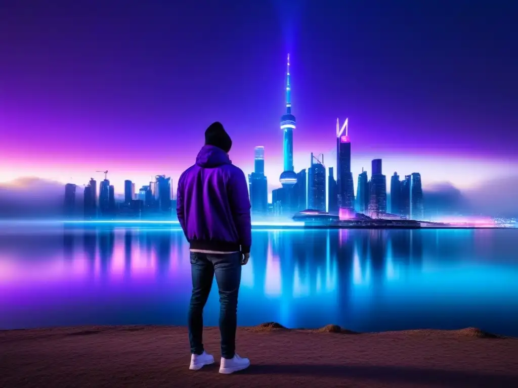 Arte digital minimalista: ciudad futurista en azules y púrpuras Un paisaje urbano futurista nocturno, con luces de neón y hologramas, fusionando tecnología y futuro de la poesía en tonos azules y morados