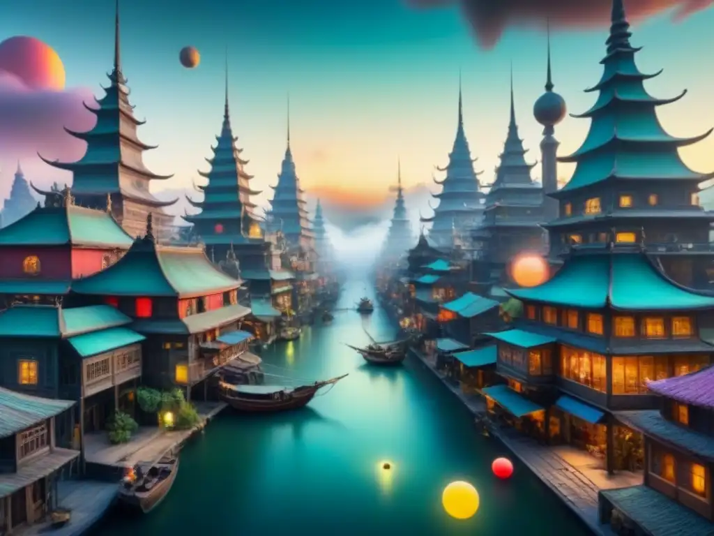 Cuadro surrealista de Roberto Matta: ciudad onírica vibrante Paisaje urbano onírico en una pintura surrealista de Roberto Matta, con edificios retorcidos y colores vibrantes