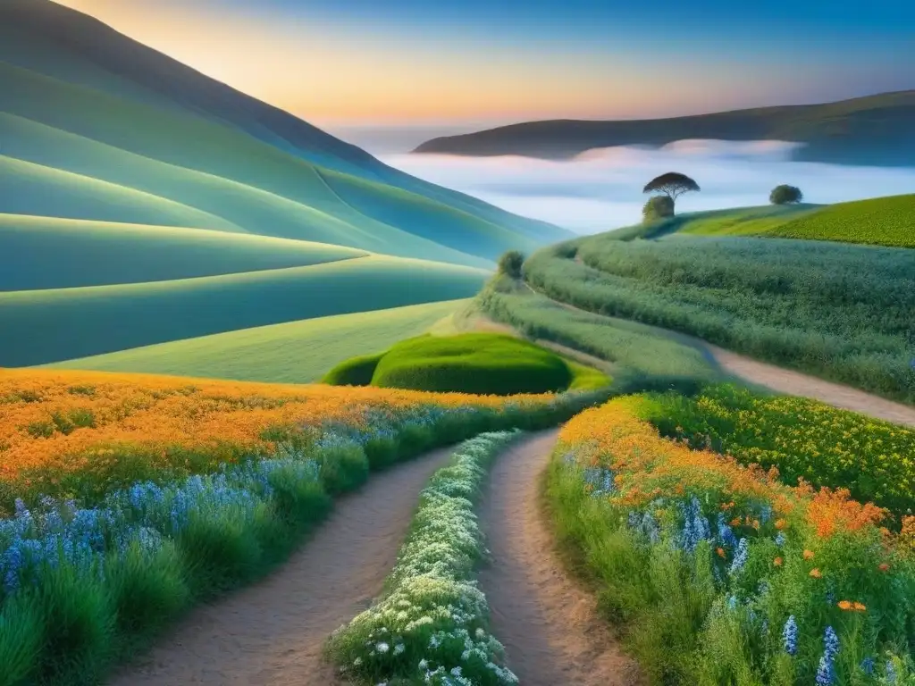 Paisaje verde de Galicia inspirado en Cantares Gallegos, con sendero de piedra y flores silvestres, evocando tranquilidad y conexión con la tierra