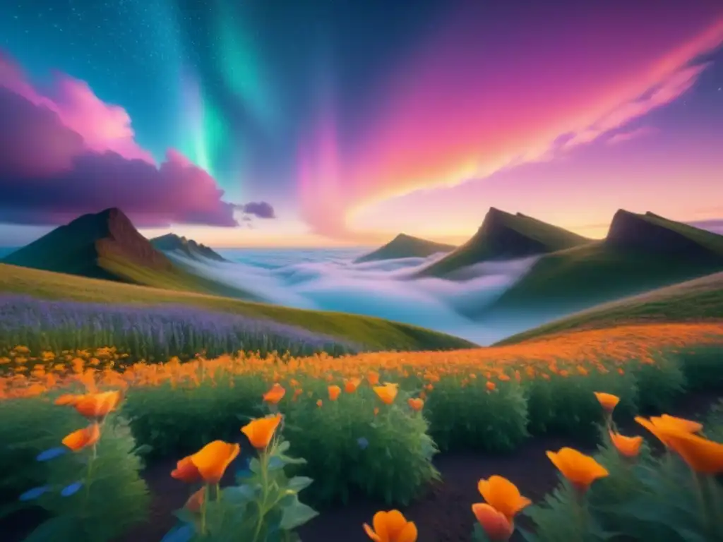 Un paisaje virtual de flores vibrantes en poesía de realidad virtual