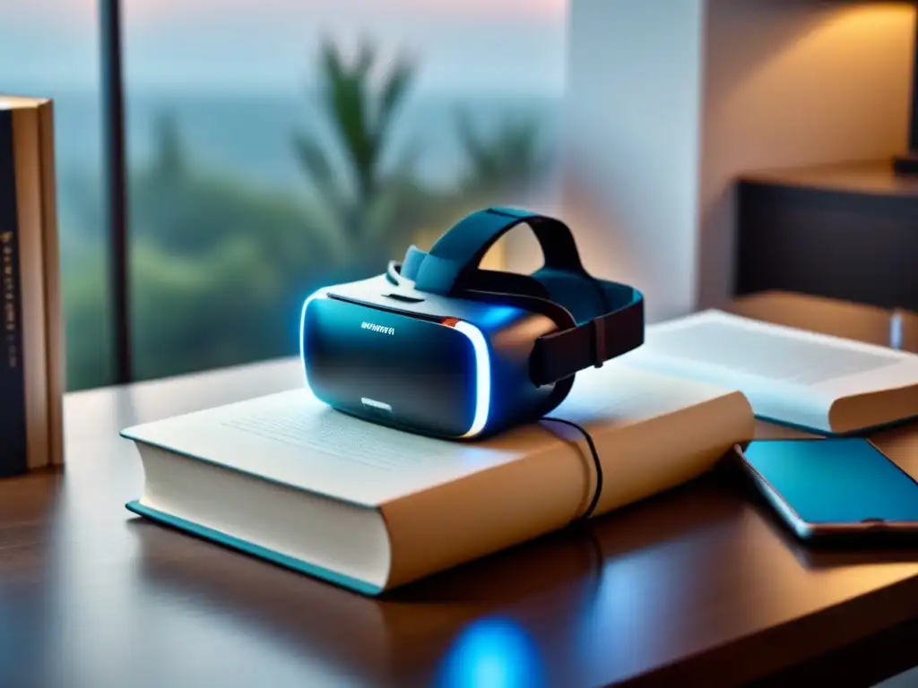 Un paisaje virtual sereno reflejado en un auricular de realidad virtual sobre un escritorio moderno junto a un libro de poesía lírica