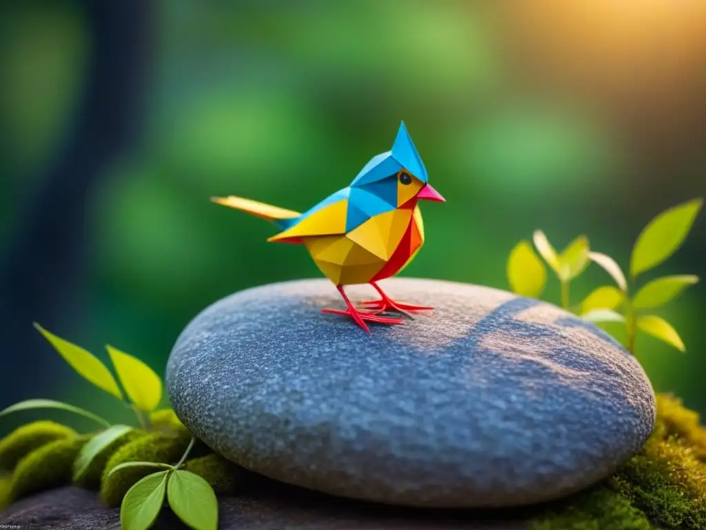 Un pájaro de origami reposa sobre una piedra cubierta de musgo, mientras la luz del sol filtra entre las hojas, creando sombras en esta escena serena