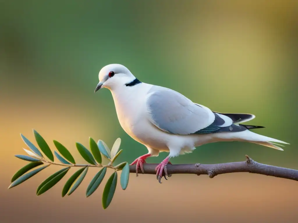 Una paloma blanca solitaria posada en una rama de olivo, simbolizando paz y justicia social en una composición serena y minimalista