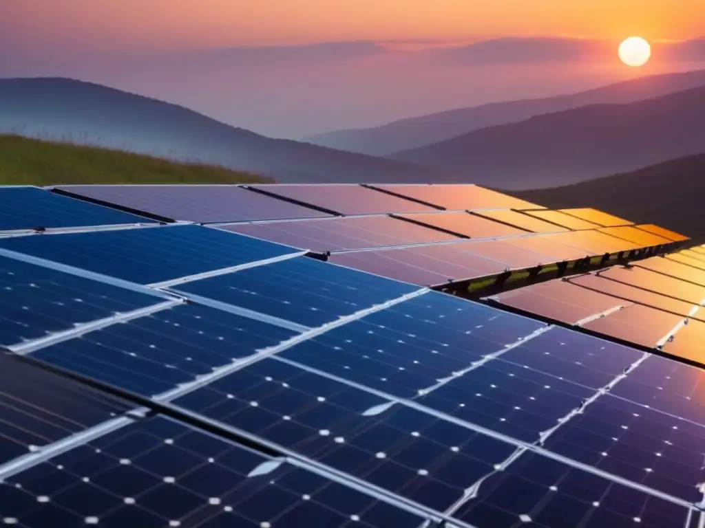 Un panel solar moderno en armonía con un atardecer vibrante, refleja la poesía lírica energía renovable transformadora