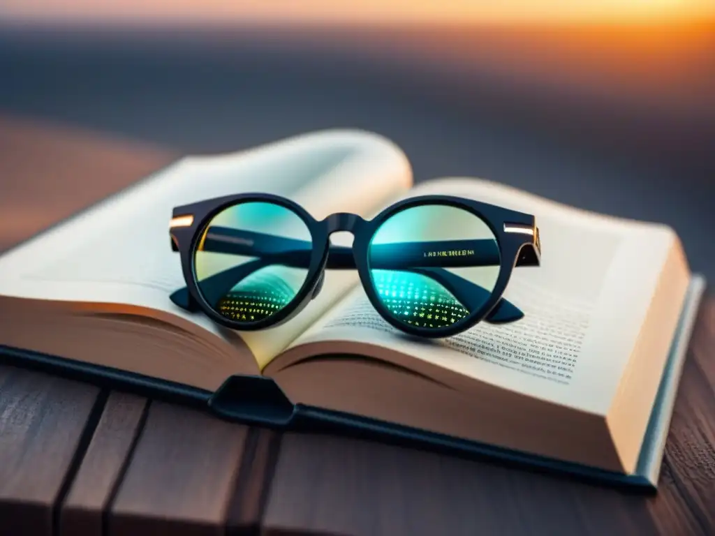 Gafas de realidad aumentada sobre libro de poesía Un par de gafas de Realidad Aumentada en Poesía reposan sobre un libro, fusionando tecnología y poesía con elegancia y sofisticación