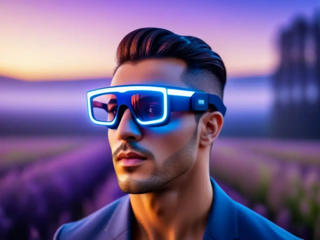 Un par de gafas de realidad aumentada flotando en un aura de luz, con un diseño futurista y elegante