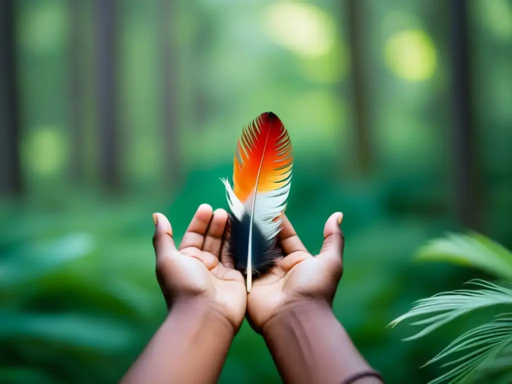 Un par de manos sostienen con delicadeza una pluma vibrante frente a un bosque verde borroso, evocando la transformadora poesía indígena contemporánea