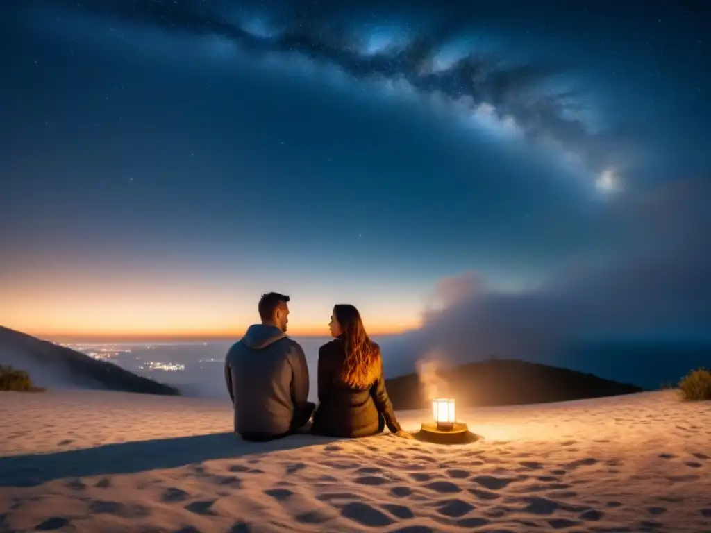 Una pareja escribiendo poesía bajo las estrellas en un entorno sereno con velas