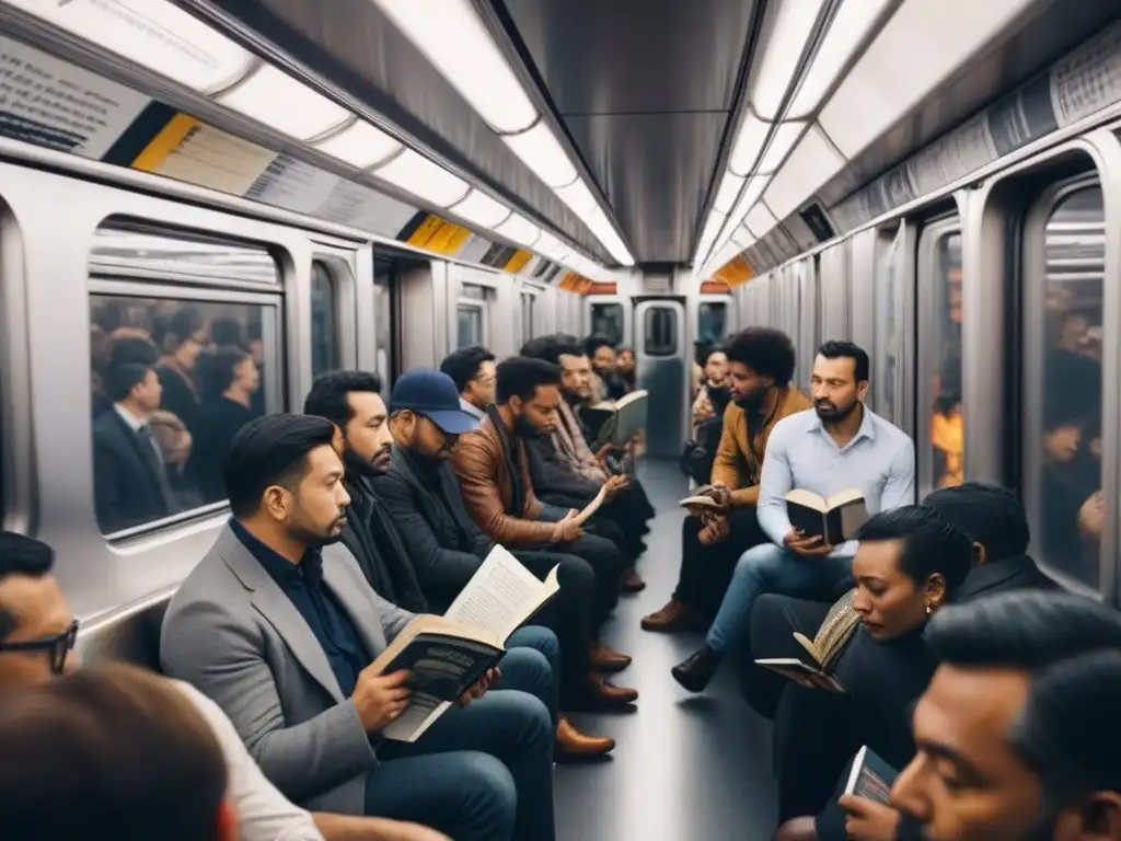 Pasajeros del metro leyendo poesía en un viaje transformador