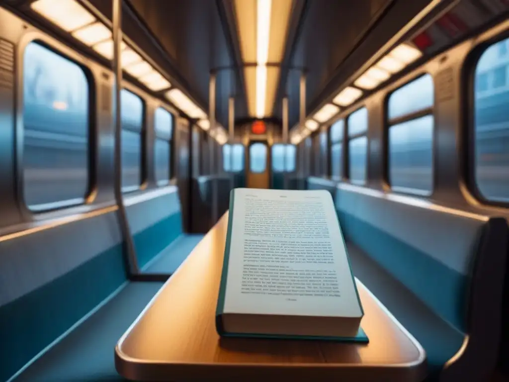 Un rincón de paz en un vagón de metro moderno, con un libro de poesía iluminado por un rayo de sol