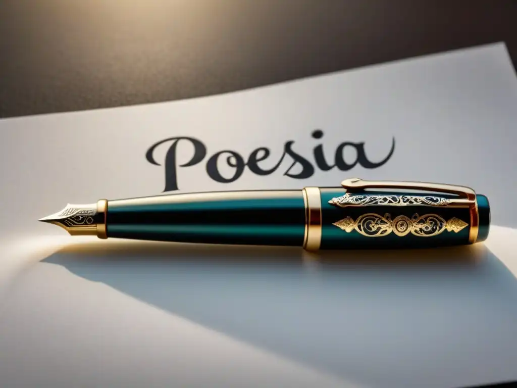 Pen de plata sobre papel blanco con caligrafía que dice 'Poesía', resaltando la elegancia de la palabra