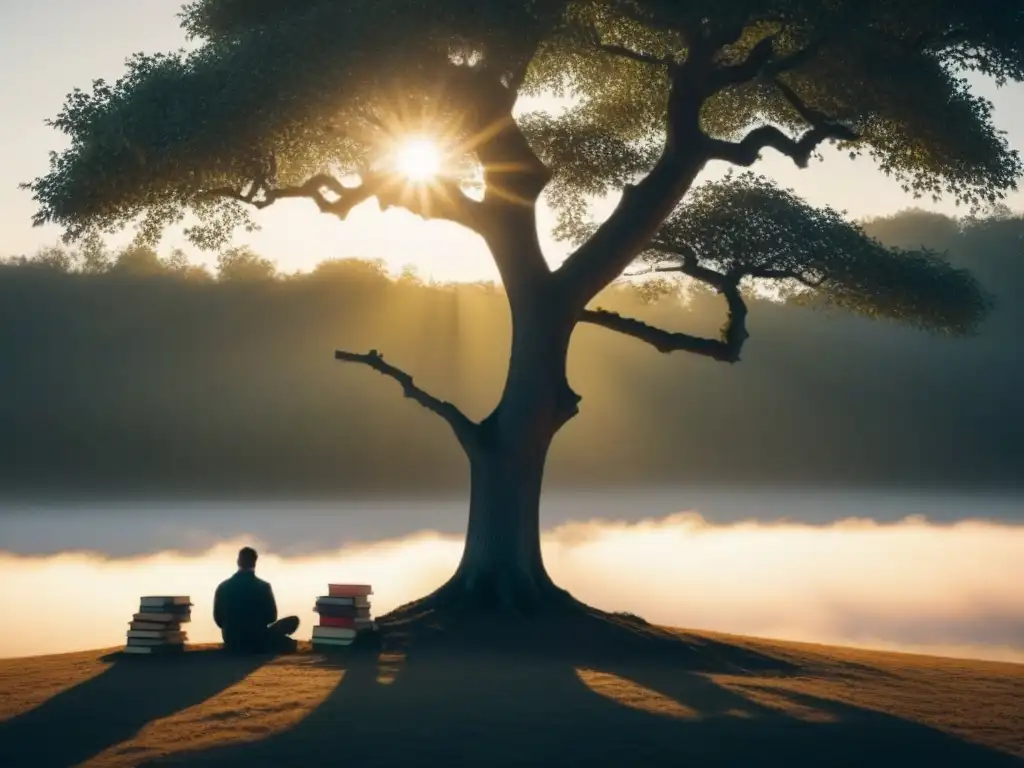 Un pensador solitario bajo un árbol, rodeado de libros y pergaminos, en profunda contemplación