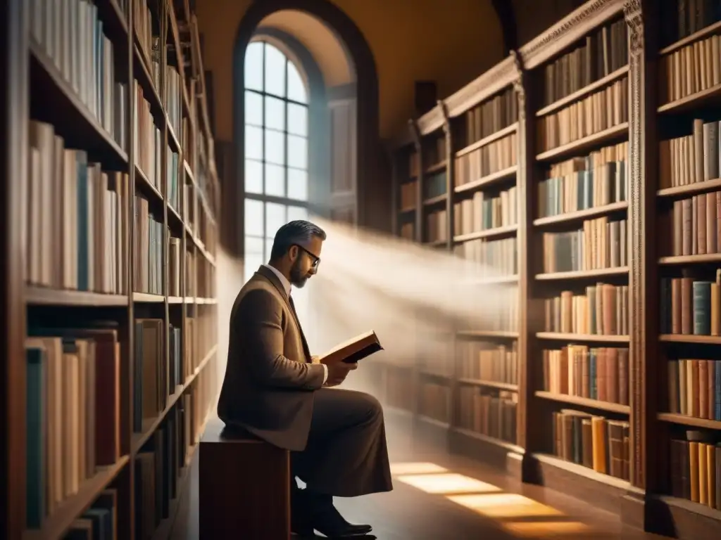 En la penumbra de una biblioteca, una figura reflexiva sostiene un libro de poesía, sumergida en la profundidad filosófica de los ensayos antiguos