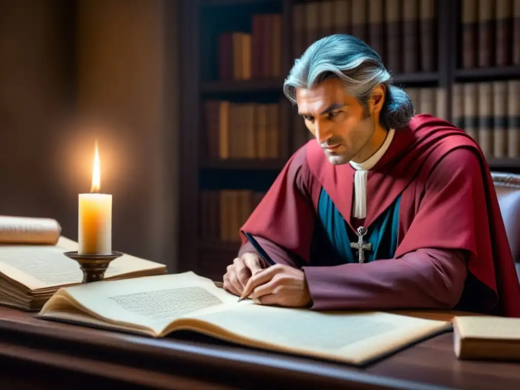 En la penumbra de su estudio, Dante Alighieri reflexiona profundamente con pluma en mano, rodeado de pergamino