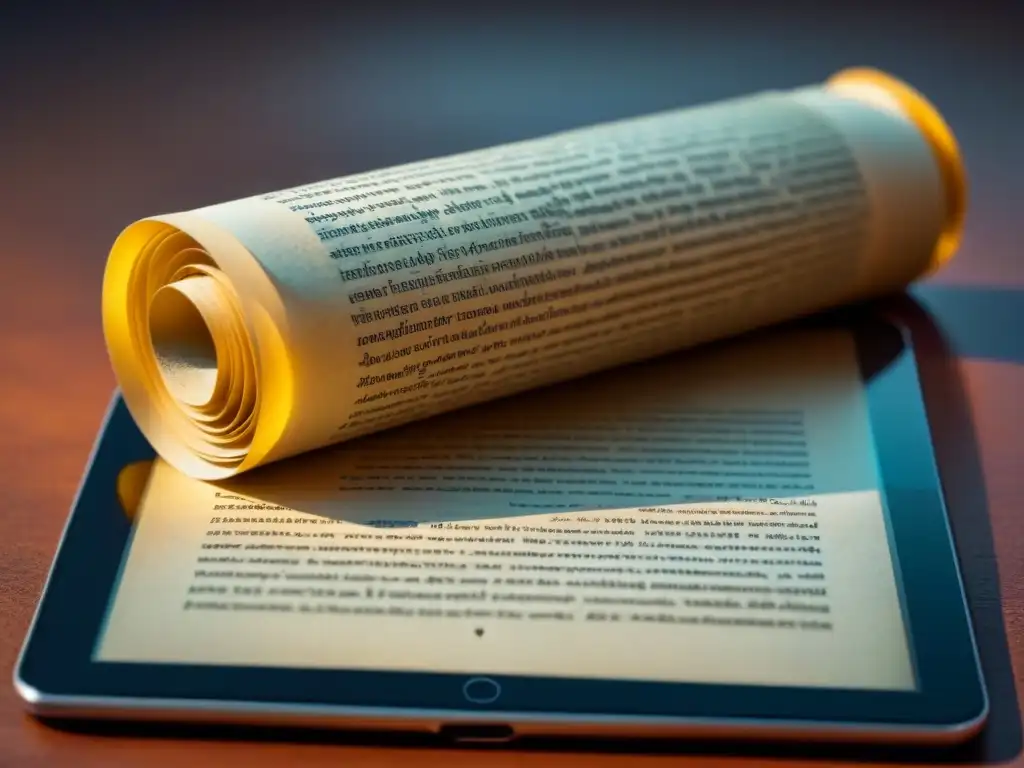 Pergamino ancestral y tablet moderna: puente tecnológico de poesía Un pergamino antiguo despliega poesía en scripts modernos y antiguos en una tablet, simbolizando la conexión tecnológica entre poesía