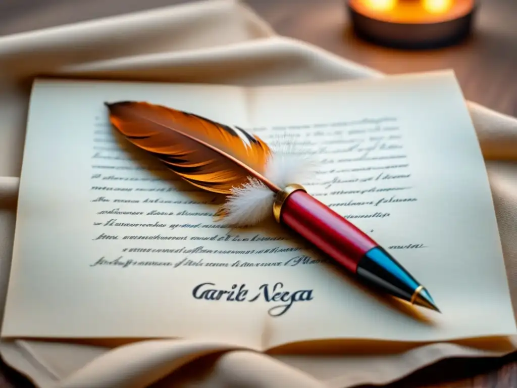 Pluma de Garcilaso: poesía y elegancia Plumín reposando en pergamino con caligrafía de Garcilaso de Vega en fondo de manuscrito español antiguo