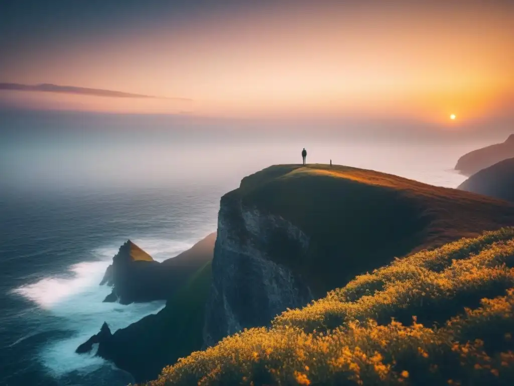 Persona en acantilado contemplando el mar al atardecer, evocando transformación emocional a través de la poesía