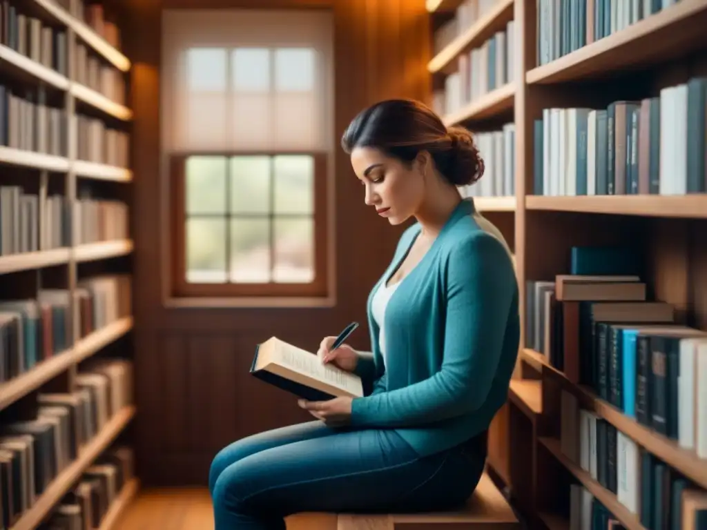 Persona en rincón acogedor rodeada de libros de poesía, con expresión tranquila