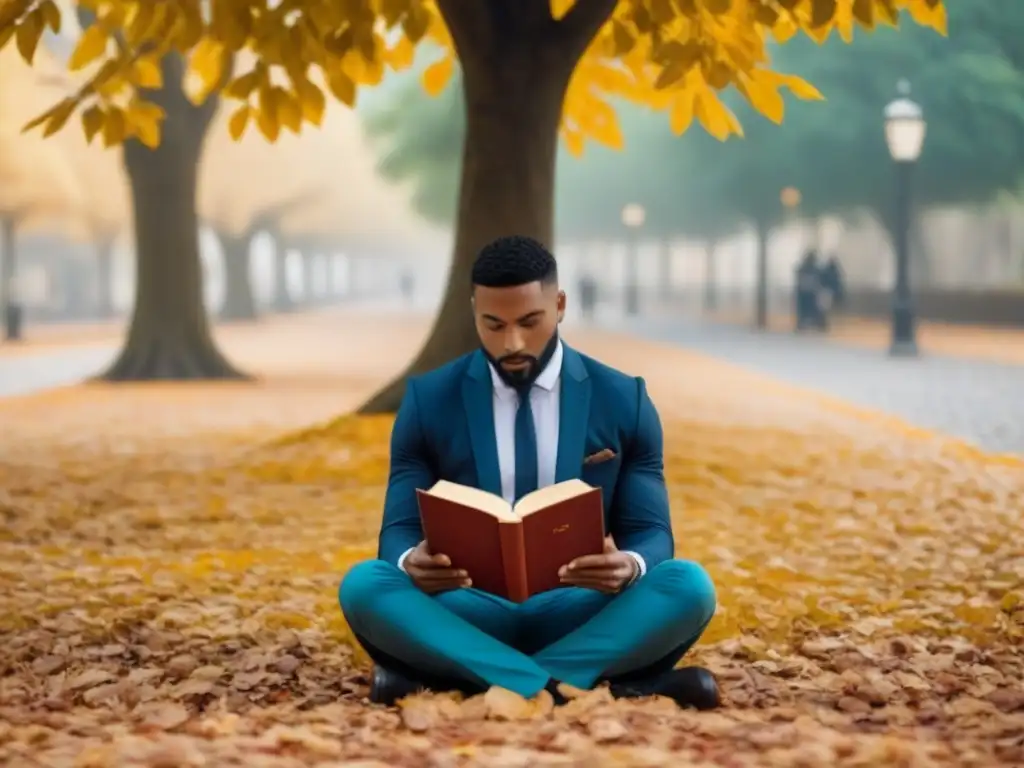 Paz otoñal: persona leyendo poesía bajo un árbol Persona leyendo poesía bajo un árbol, rodeada de hojas de otoño