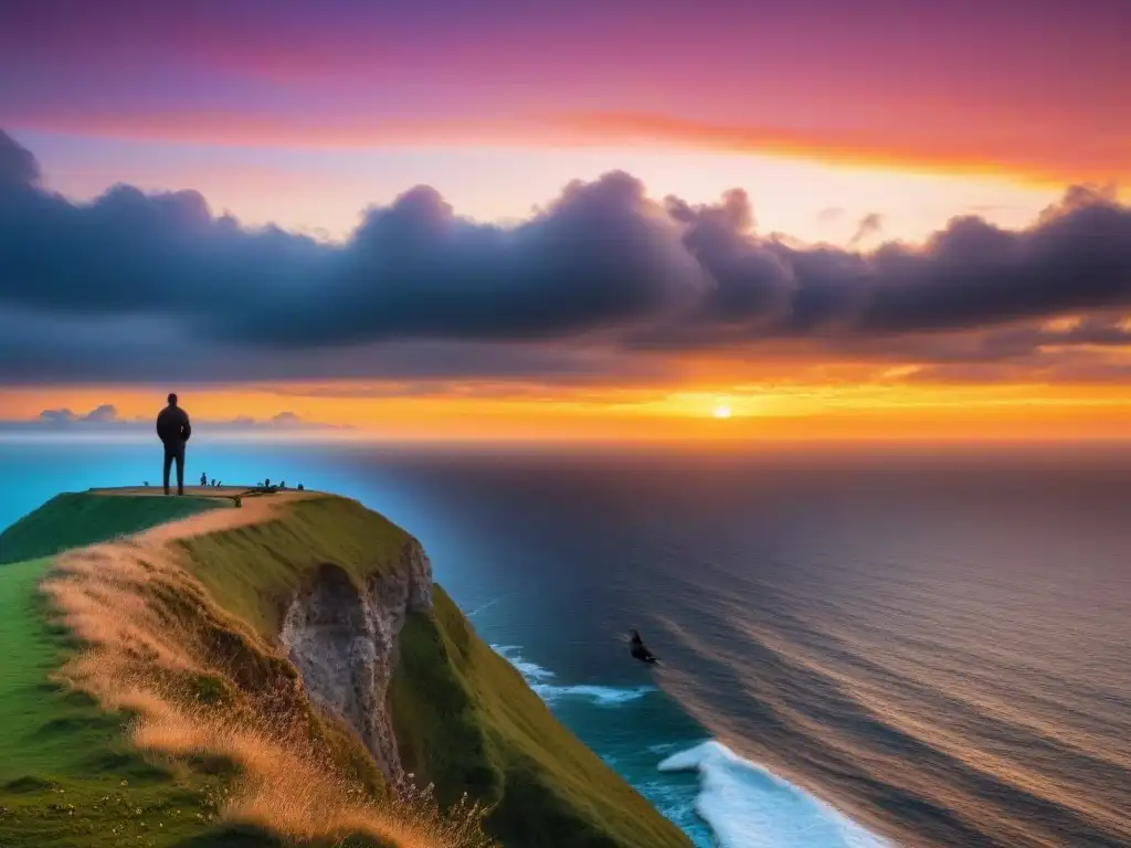 Persona contemplando un atardecer vibrante en un acantilado, con aves en el cielo dorado, poder transformador ritmo poesía percepción