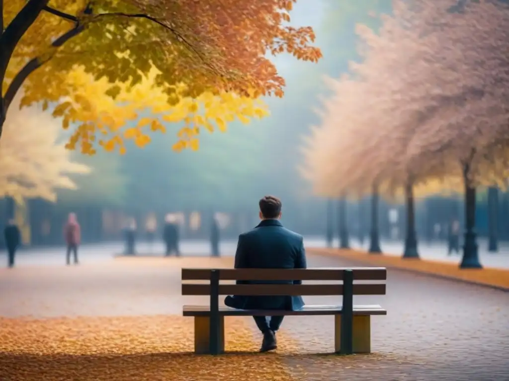 Persona leyendo poesía en banco de parque, hojas de otoño cayendo