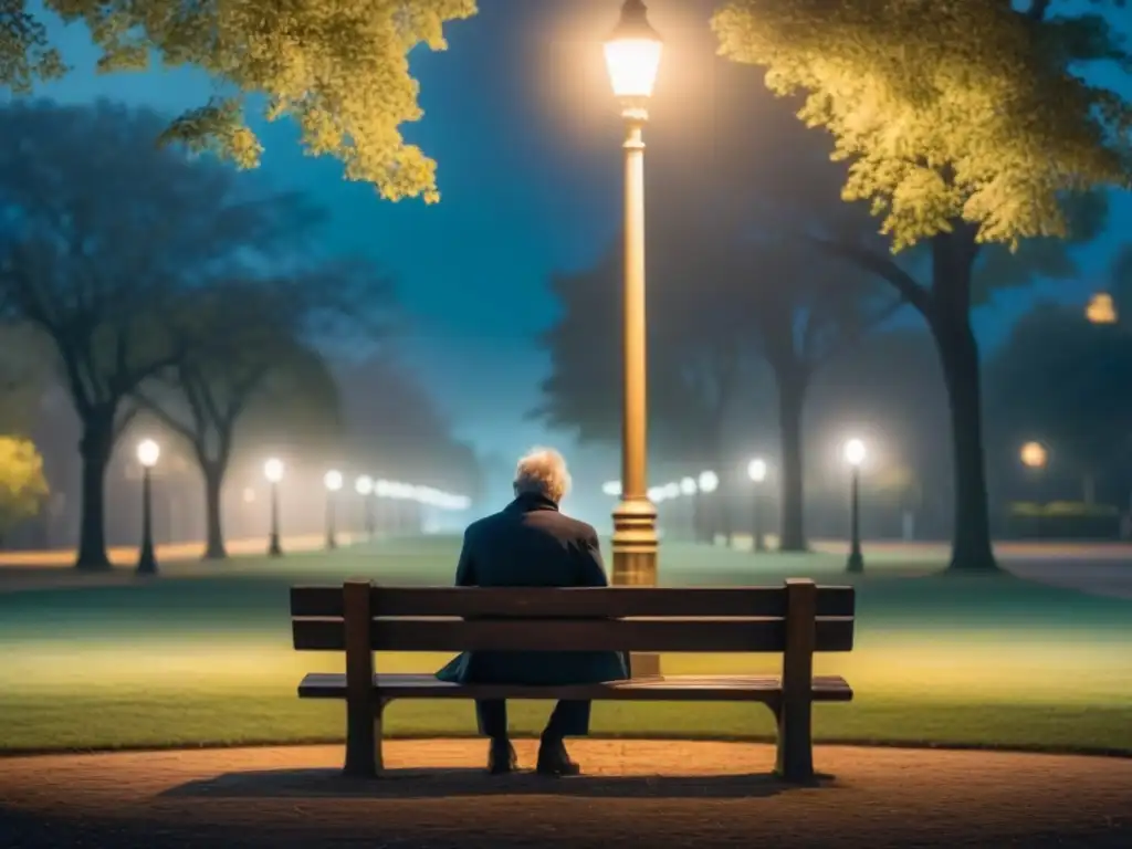 Persona leyendo en banco de parque, rodeada de libros de poesía transformadora en la noche serena