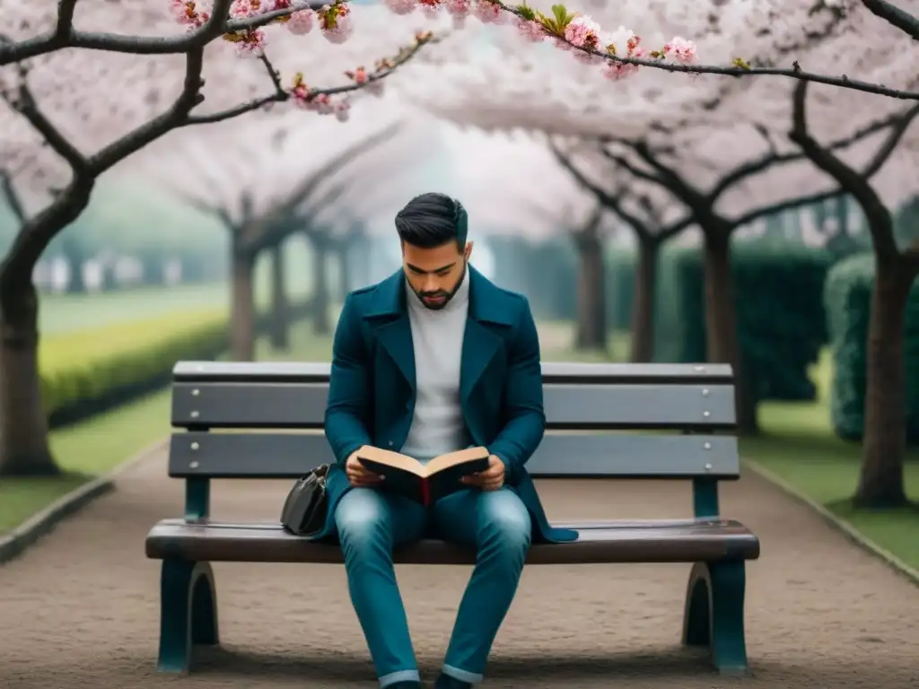 Persona escribiendo en un banco de parque rodeado de cerezos en flor