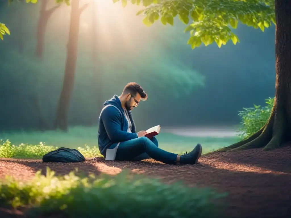 Persona leyendo poesía en bosque tranquilo, reflejando calma y introspección