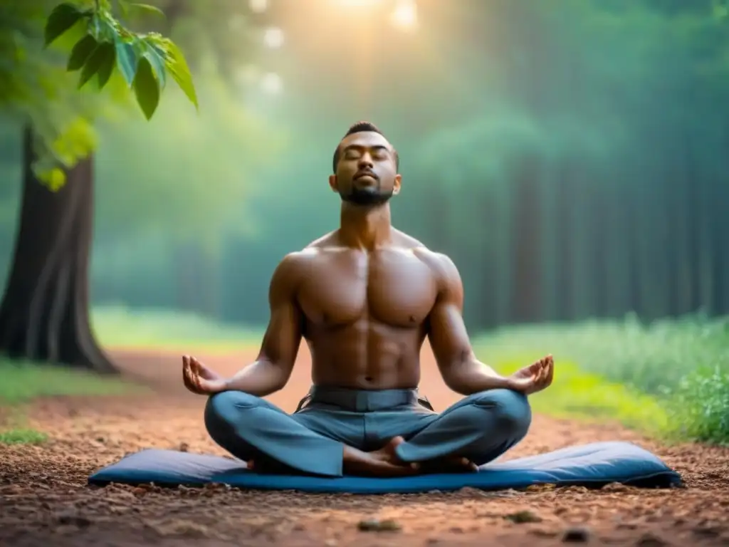 Persona meditando en bosque tranquilo, iluminada por suave luz entre árboles, expresión serena