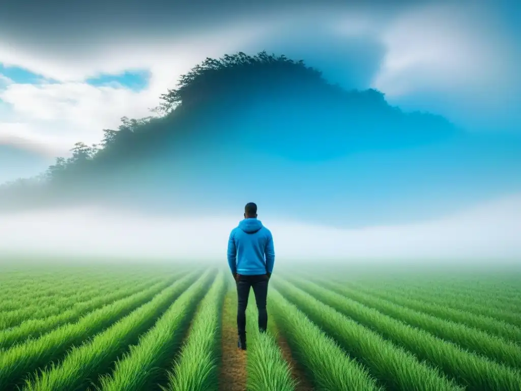 Persona en campo de hierba alta, rostro oculto, cielo azul brillante