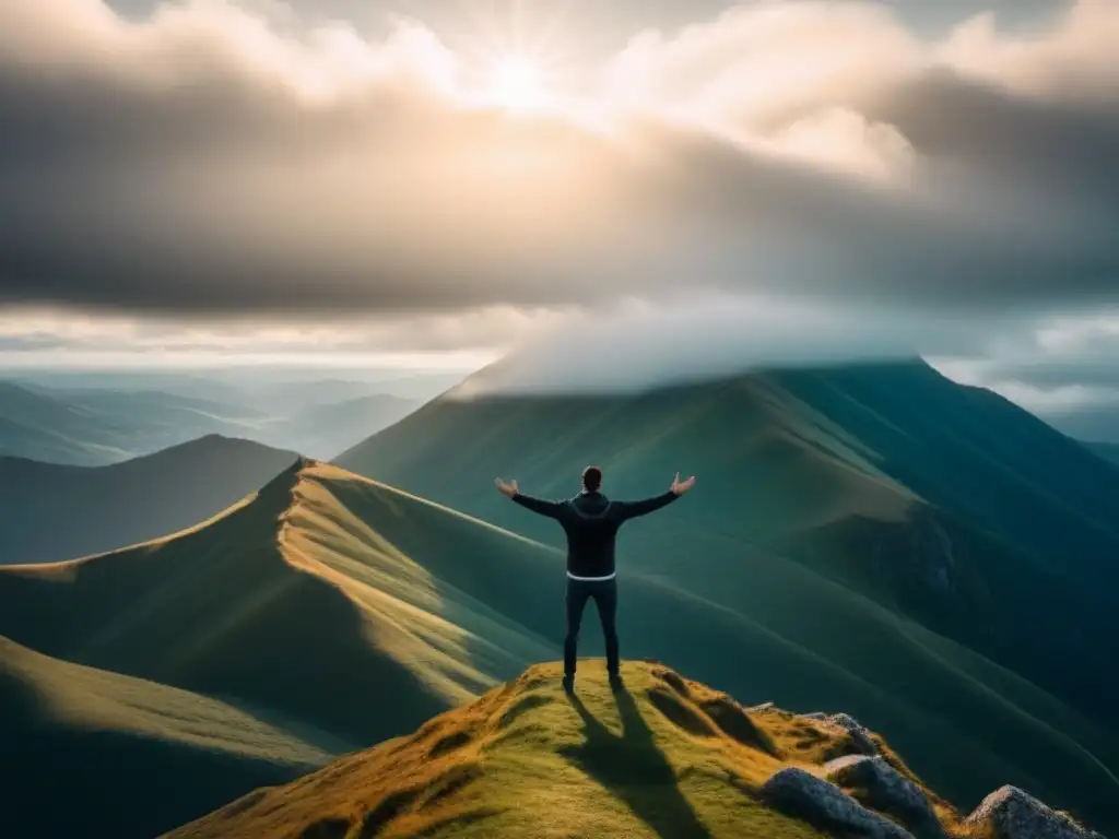 Persona en la cima de la montaña, brazos abiertos al cielo, luz etérea y vientos envolventes, poesía transformadora del ser