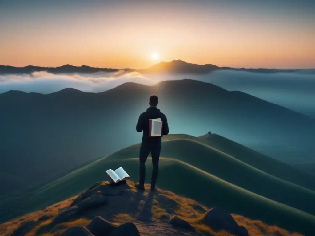 Persona en cima de montaña al amanecer con libro de poesía: Identidad a través poesía transformadora