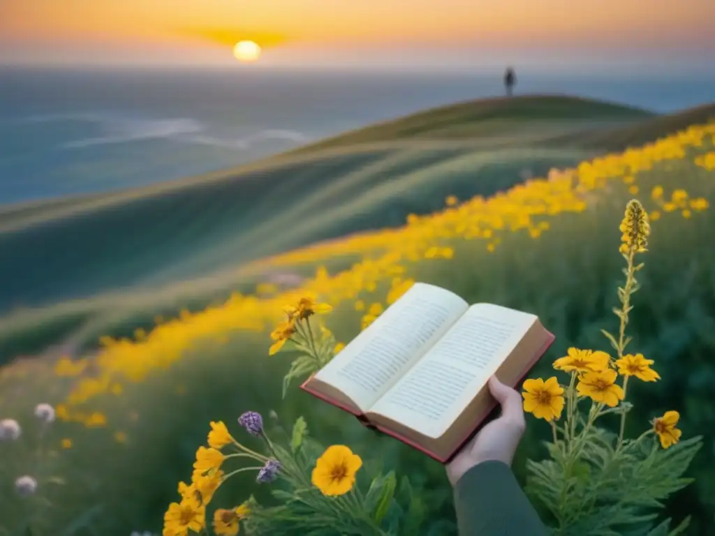 Persona en colina entre flores, leyendo poesía al atardecer