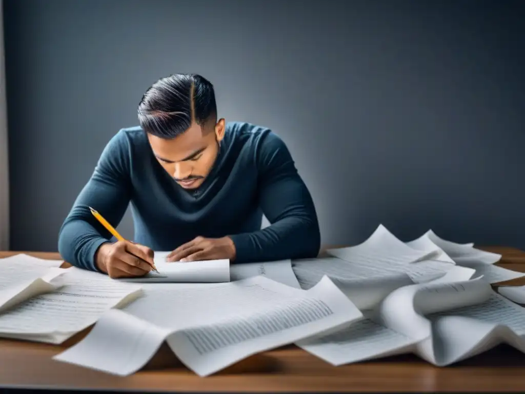 Persona concentrada escribiendo poesía en un escritorio rodeado de hojas