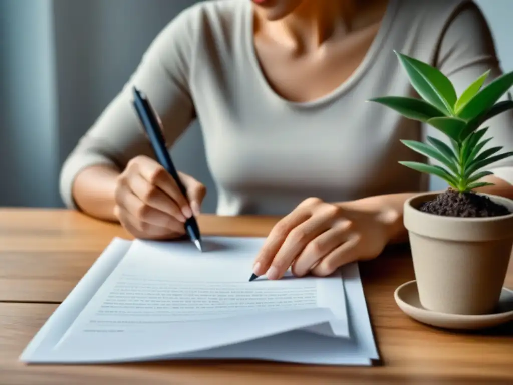 Persona concentrada escribiendo poesía en escritorio de madera con planta, papel y pluma