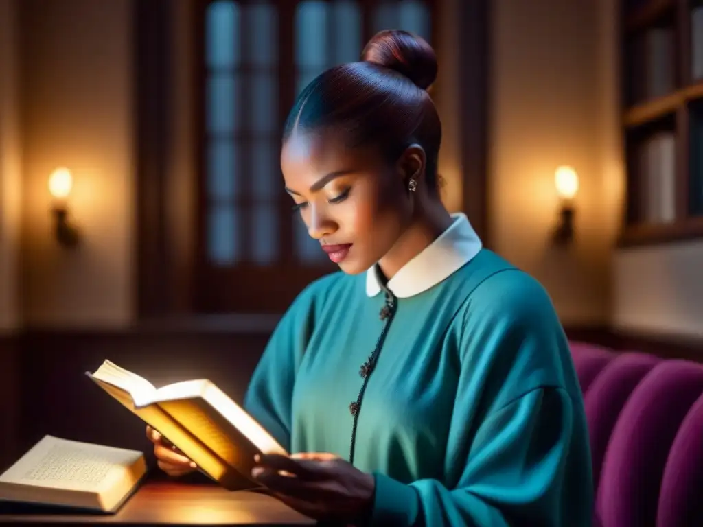 Persona concentrada leyendo poesía en tablet, luz cálida ilumina su rostro