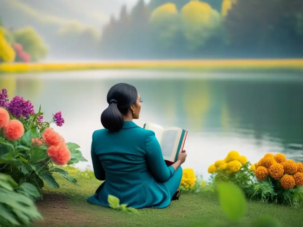 Persona en contemplación junto al lago, rodeada de naturaleza exuberante y poesía como espejo del alma