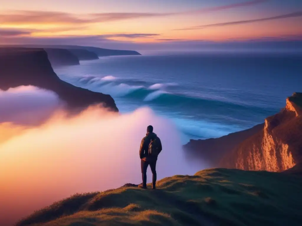 Persona contemplativa en acantilado al atardecer, muestra determinación y esperanza