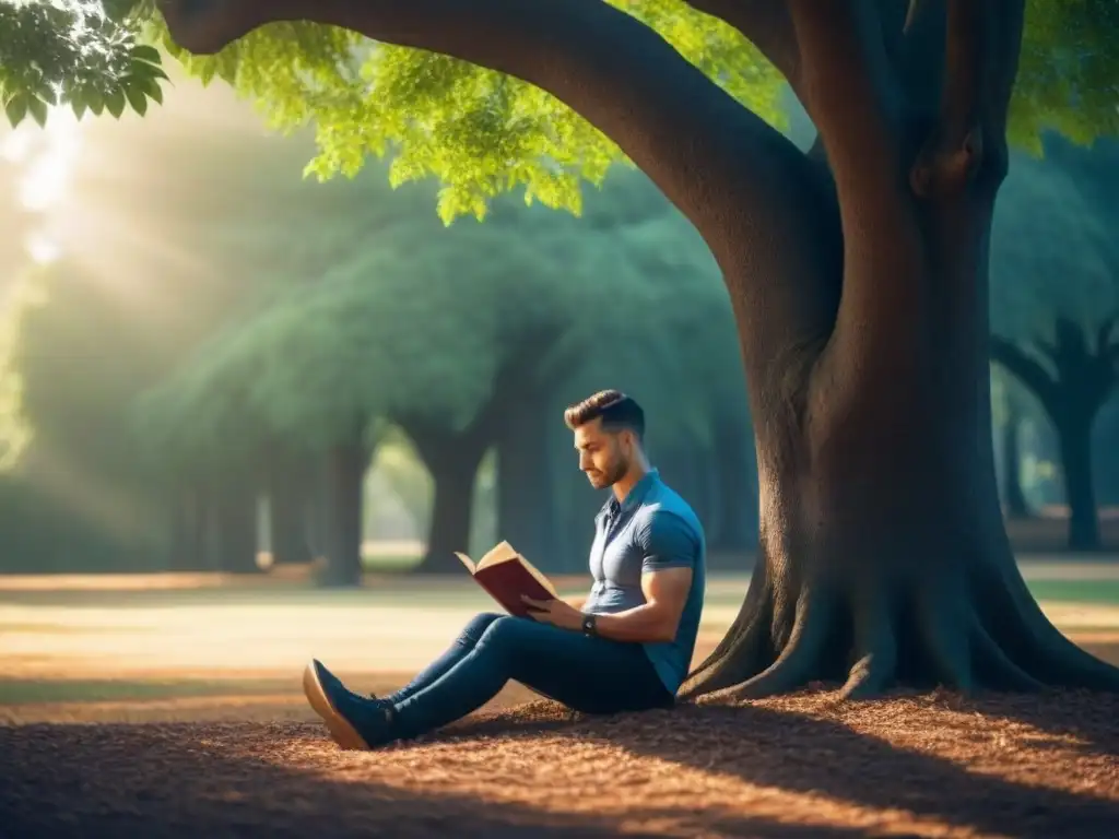 Persona contemplativa leyendo poesía bajo un árbol, rodeada de libros y luz, reflejando paz interior