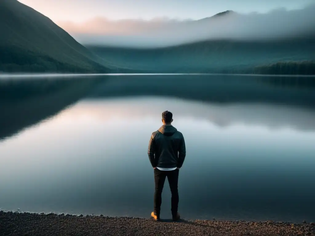 Persona contemplativa frente a lago, reflexión e identidad se entrelazan en resonancia poética