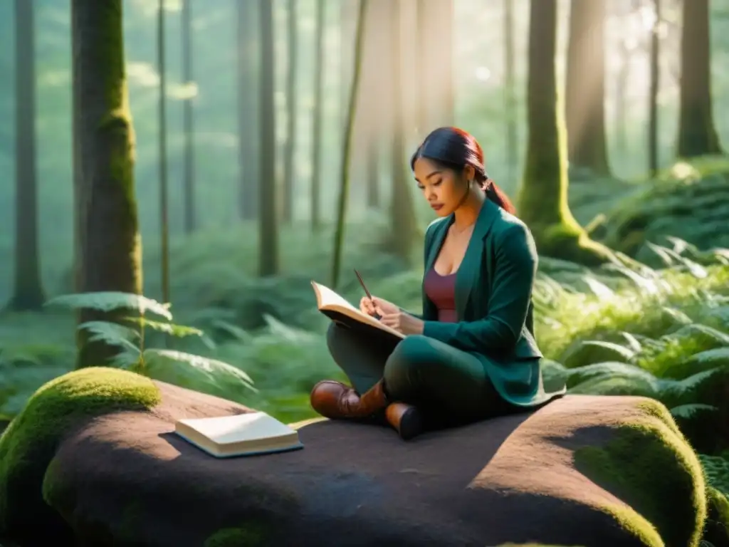 Persona meditando con cuaderno y pluma en bosque mágico: conexión alma mundo natural poesía