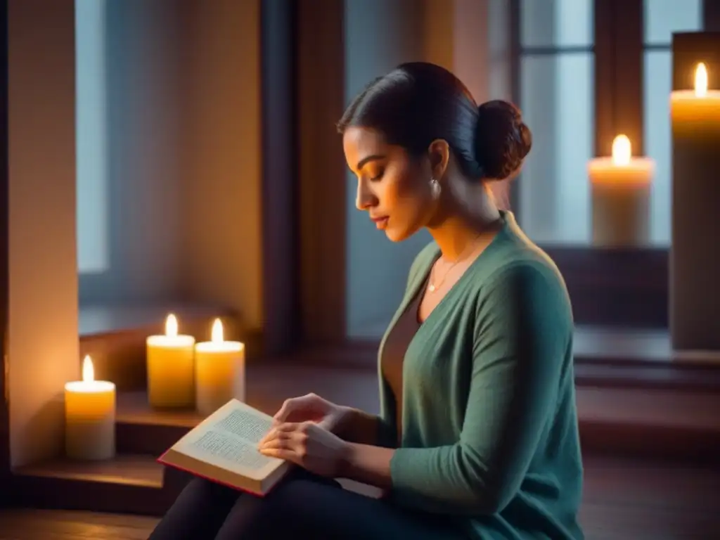 Persona en cuarto a oscuras con velas, ojos cerrados, leyendo poesía