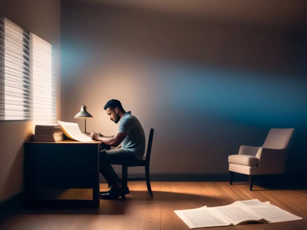 Persona reflexionando en cuarto tenue, rodeada de versos escritos a mano, iluminada por lámpara