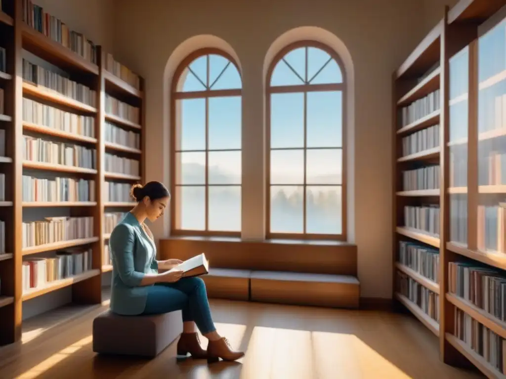 Persona en cuarto tranquilo con libros de poesía, demostrando la terapia emocional